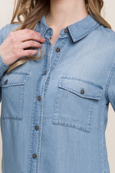 Stylish Scooped Hem Button Up Denim Shirt by Love Tree